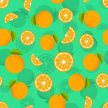 Seamless pattern with oranges and leaves. Citrus background with juicy orange Stock Illustration