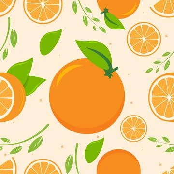 Seamless pattern of oranges and leaves. Fruit pattern. Orange background vector Stock Illustration