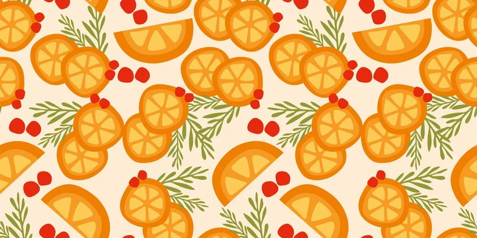 Seamless pattern with Oranges, Berries and Rosemary. Food Color art print. Mo Stock Illustration