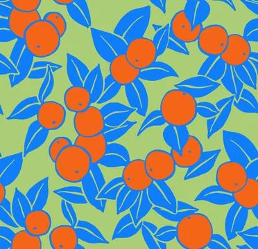 Seamless pattern of oranges with blue leaves Stock Illustration
