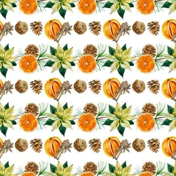 Seamless pattern oranges cinnamon cones poinsettia Illustrazione stock