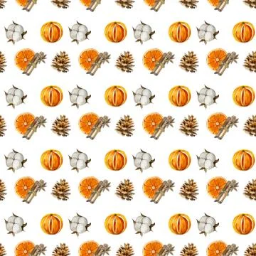 Seamless pattern. oranges, cotton, cone, cinnamon. Stock Illustration
