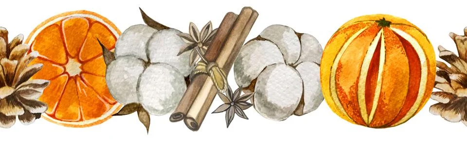 Seamless pattern oranges cotton cone cinnamon Stock Illustration