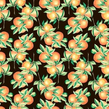 Seamless pattern with oranges fruit and leaves. Watercolor hand drawn Stock Illustration
