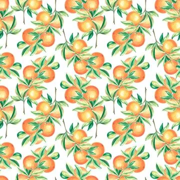 Seamless pattern with oranges fruit and leaves. Watercolor hand drawn Stock Illustration