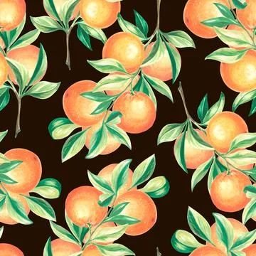 Seamless pattern with oranges fruit and leaves. Watercolor hand drawn Stock Illustration