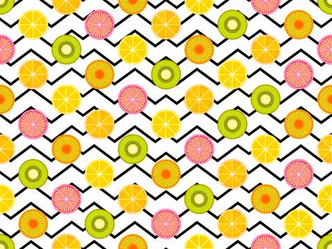 Seamless pattern with oranges, kiwi and lemon. Fruit on a background with zig Illustrazione stock