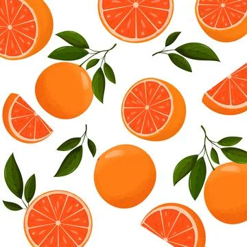 Seamless pattern of oranges with leaves falling on white background Illustrazione stock