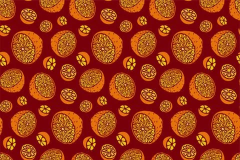Seamless pattern with oranges on red background Stock Illustration