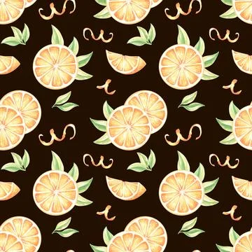 Seamless pattern with oranges round slices, leaves and peel. Watercolor hand Stock Illustration
