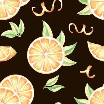 Seamless pattern with oranges round slices, leaves and peel. Watercolor hand Stock Illustration