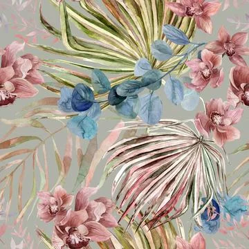 Seamless pattern with orchid flowers and tropical watercolor flowers and Illustrazione stock