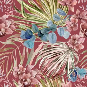 Seamless pattern with orchid flowers and tropical watercolor flowers and Stock Illustration