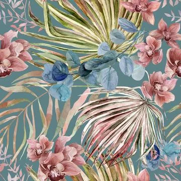 Seamless pattern with orchid flowers and tropical watercolor flowers and Stock Illustration