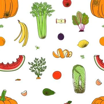 Seamless pattern of organic compost garbage. Rot fruits and vegetables. Stock Illustration