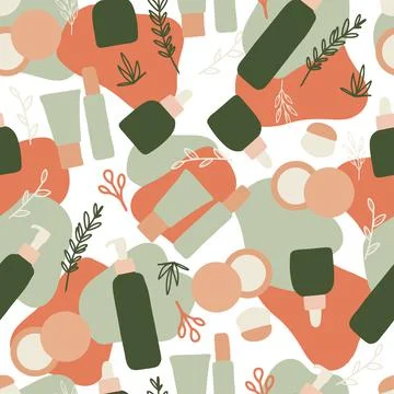 Seamless pattern organic cosmetics, bottles, cans, tubes, botany elements Stockillustratie
