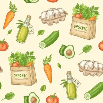 Seamless pattern with organic food, vegetables, olive oil, eggs Stock Illustration