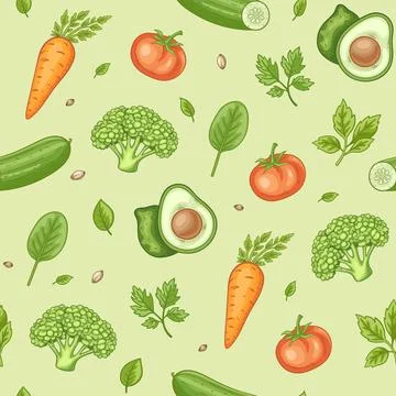 Seamless pattern with organic food, vegetables and green leaves. Stock Illustration