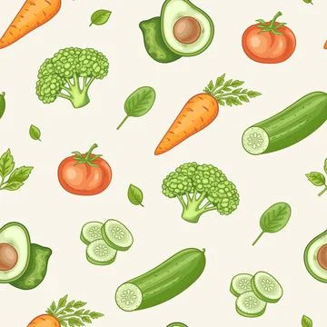 Seamless pattern with organic food, vegetables and green leaves. Stock Illustration