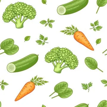 Seamless pattern with organic food, vegetables and green leaves. Stock Illustration