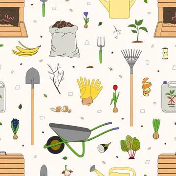 Seamless pattern with organic waste and garden tools. Kitchen scraps, compost Stock Illustration