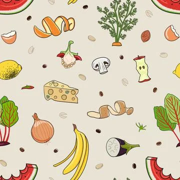 Seamless pattern with organic waste. Leftovers, spoiled products, kitchen scr Stock Illustration