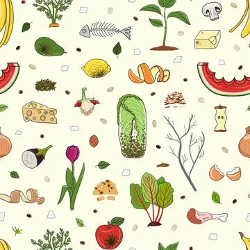 Seamless pattern with organic waste. Leftovers, spoiled products, kitchen scr Stock Illustration