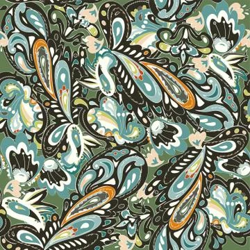 Seamless pattern with oriental ornament. Black, orange, blue, gr 스톡 일러스트