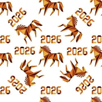 Seamless pattern with origami horses and number 2026 on white background fo.. Stock Illustration