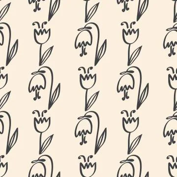 Seamless pattern ornament of cute tulips flowers. Vector illustration outline Stock Illustration