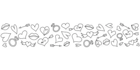 Seamless pattern ornament monoline with hearts, arrows, wings and rings for V Stock Illustration