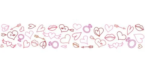 Seamless pattern ornament monoline with red and pink hearts, arrows, wings an Stock Illustration