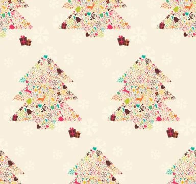 Seamless pattern with ornamental Christmas tree with reindeers, gift boxes an Illustrazione stock