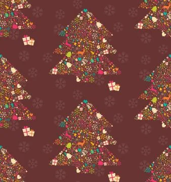Seamless pattern with ornamental Christmas tree with reindeers, gift boxes an Stock Illustration