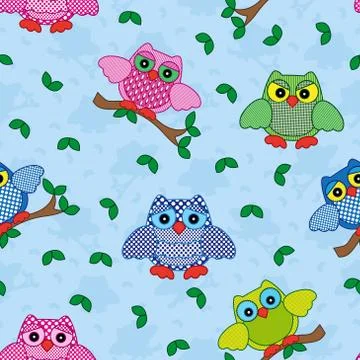Seamless pattern with ornamental owls over blue Stock Illustration