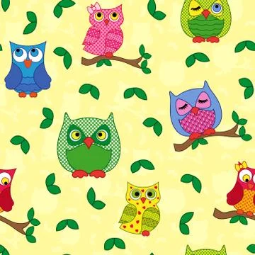 Seamless pattern with ornamental owls over yellow Illustrazione stock
