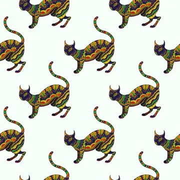 Seamless pattern with ornamental psychedelic cat, Stock Illustration