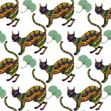 Seamless pattern with ornamental psychedelic cat, Stock Illustration