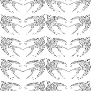 Seamless pattern with ornamental swallow bird flying hand drawn Illustrazione stock