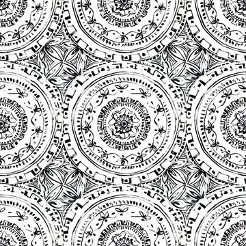 Seamless pattern ornate black and white boho mandala decor: circle, line, point Stock Illustration