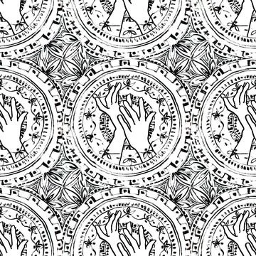 Seamless pattern ornate black and white boho mandala decor and two hands. Circle Stock Illustration
