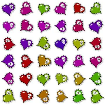 Seamless pattern with ornate colored hearts and skulls Illustrazione stock