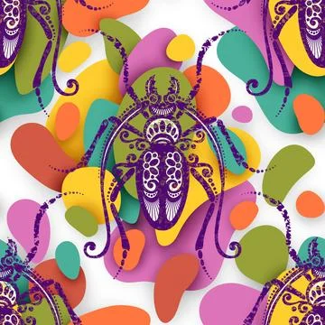Seamless Pattern with Ornate Exotic Beetles. Decorative Endless Texture Stock Illustration