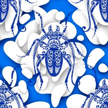Seamless Pattern with Ornate Exotic Beetles. Decorative Endless Texture Stock Illustration