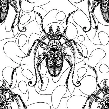 Seamless Pattern with Ornate Exotic Beetles Stock Illustration