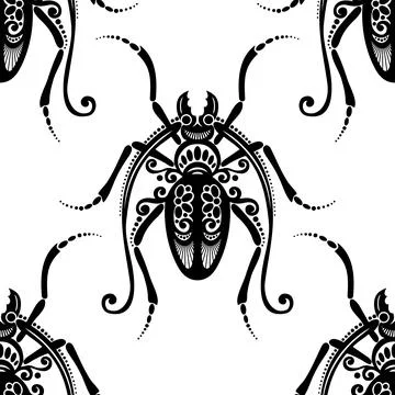 Seamless Pattern with Ornate Exotic Beetles Stock Illustration
