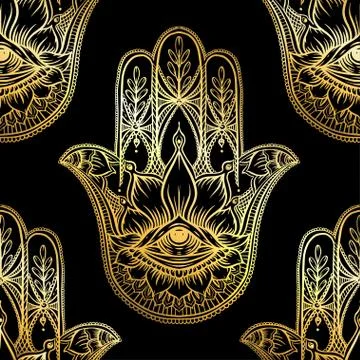 Seamless pattern with ornate hand drawn hamsa. Stock Illustration