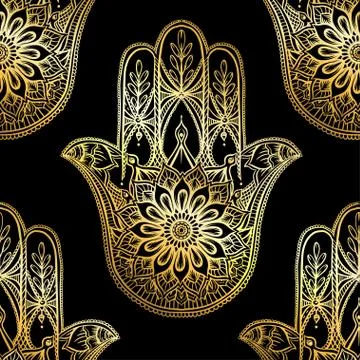 Seamless pattern with ornate hand drawn hamsa. Stock Illustration