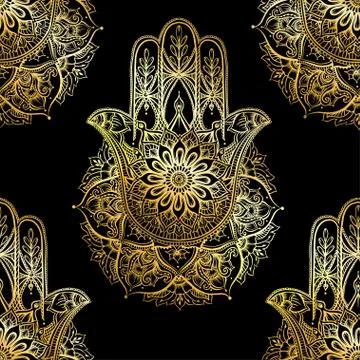 Seamless pattern with ornate hand drawn hamsa. Stock Illustration