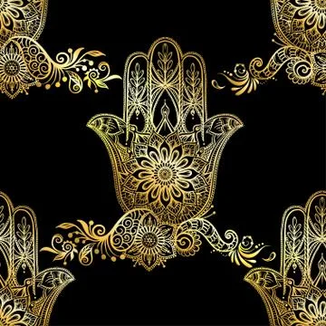 Seamless pattern with ornate hand drawn hamsa. Stock Illustration